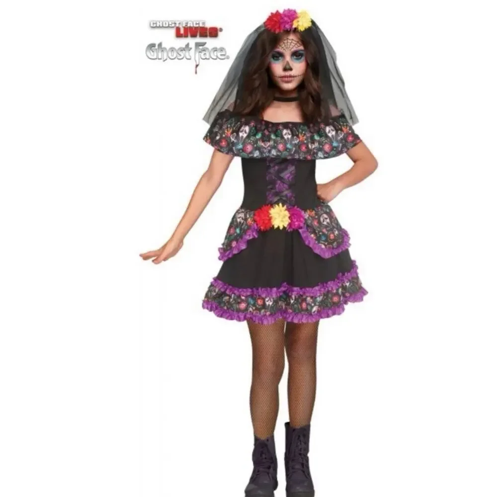 New Halloween Fun world sugar Skull ghost face child costume girls large 12-14